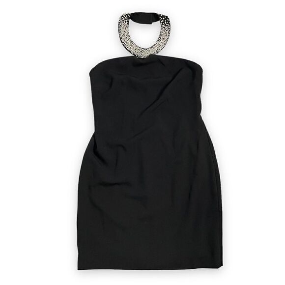 Karl Lagerfield Black Mini Dress with Beaded Pearl Necklace Collar Plus - Picture 1 of 9